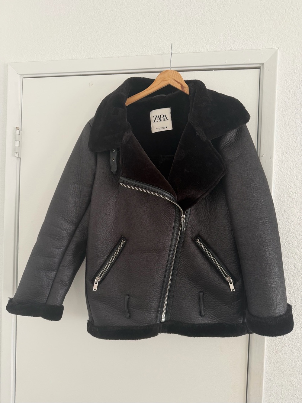 Zara Black Faux-Shearling Moto Jacket